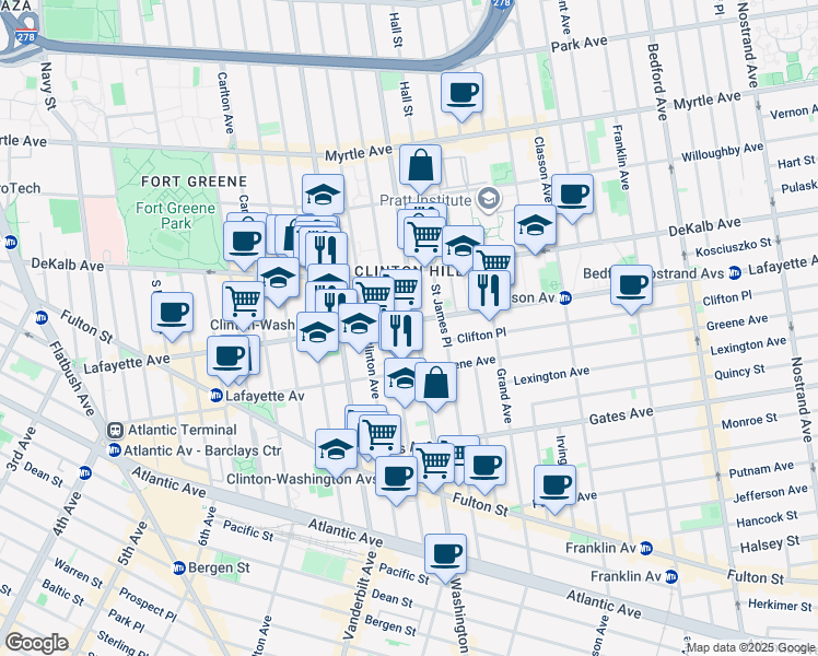 map of restaurants, bars, coffee shops, grocery stores, and more near 255 Lafayette Avenue in Brooklyn