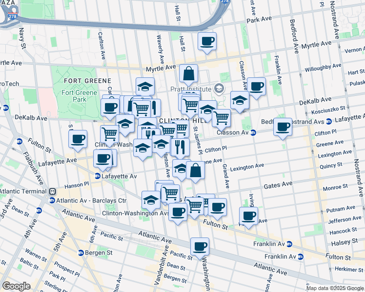 map of restaurants, bars, coffee shops, grocery stores, and more near 255 Lafayette Avenue in Brooklyn