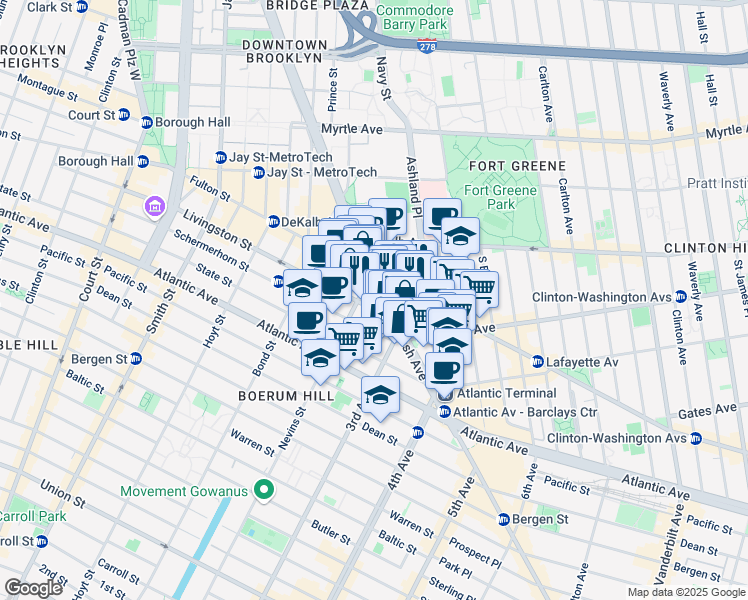 map of restaurants, bars, coffee shops, grocery stores, and more near 41 Flatbush Avenue in Brooklyn