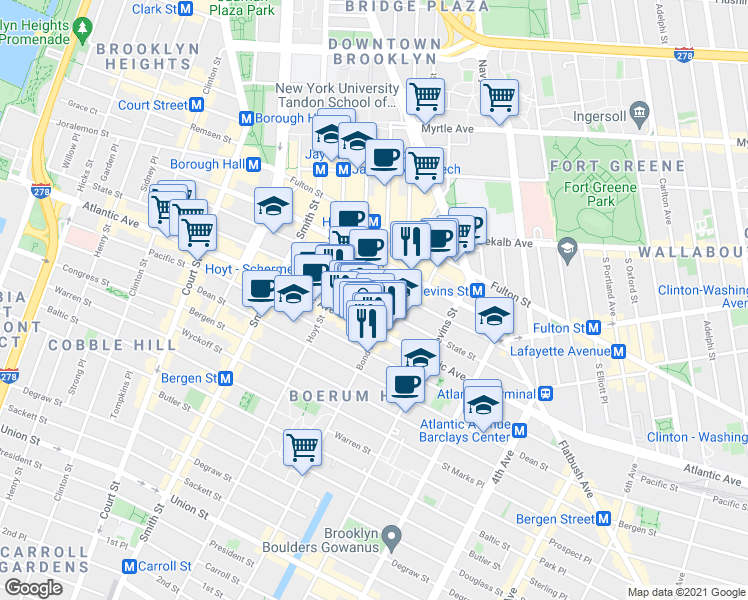map of restaurants, bars, coffee shops, grocery stores, and more near 78 Bond Street in Brooklyn