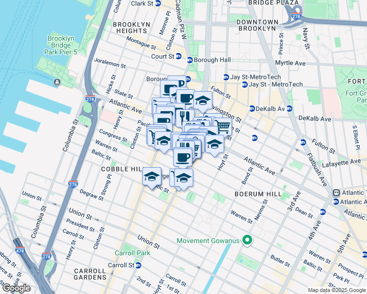map of restaurants, bars, coffee shops, grocery stores, and more near 66 Dean Street in Brooklyn