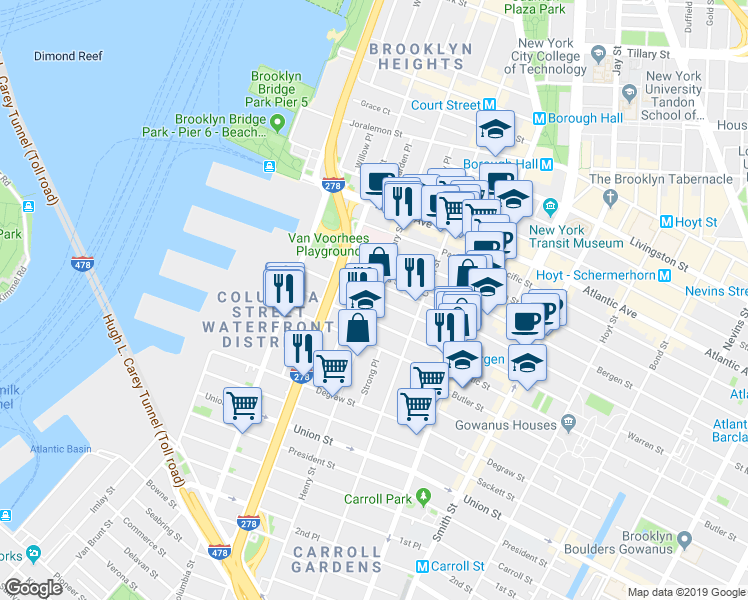map of restaurants, bars, coffee shops, grocery stores, and more near Henry St & Warren St in Brooklyn