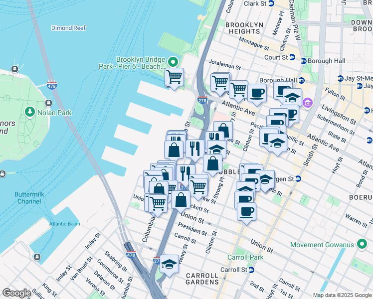 map of restaurants, bars, coffee shops, grocery stores, and more near 90 Kane Street in Brooklyn