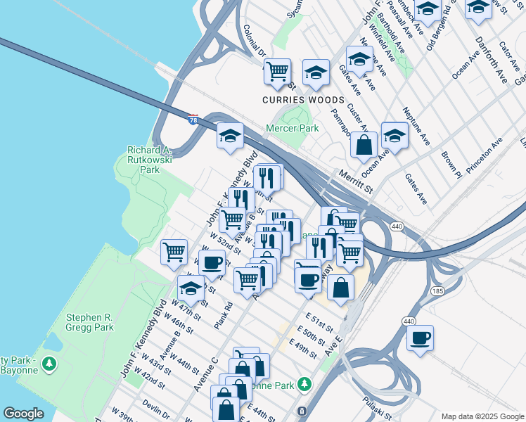 map of restaurants, bars, coffee shops, grocery stores, and more near 300 Avenue B in Bayonne