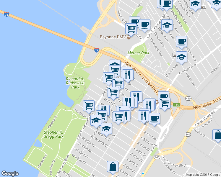 map of restaurants, bars, coffee shops, grocery stores, and more near 127 West 53rd Street in Bayonne