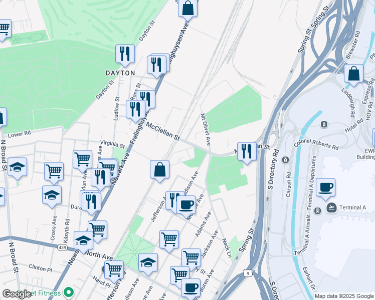 map of restaurants, bars, coffee shops, grocery stores, and more near 43-53 Pershing Avenue in Newark