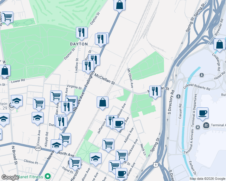 map of restaurants, bars, coffee shops, grocery stores, and more near 18 Pennsy Place in Newark