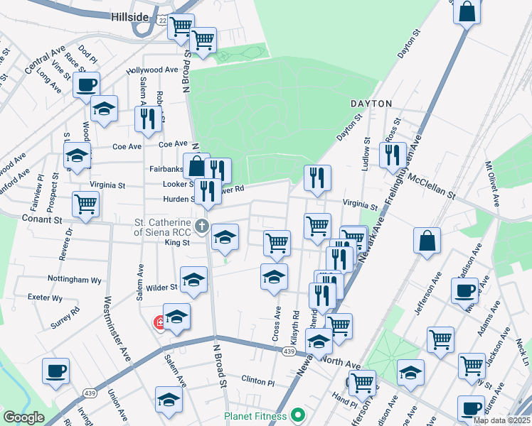 map of restaurants, bars, coffee shops, grocery stores, and more near 1354 Fremont Place in Elizabeth