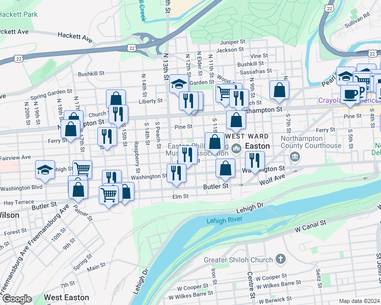 map of restaurants, bars, coffee shops, grocery stores, and more near 1215 Lehigh Street in Easton