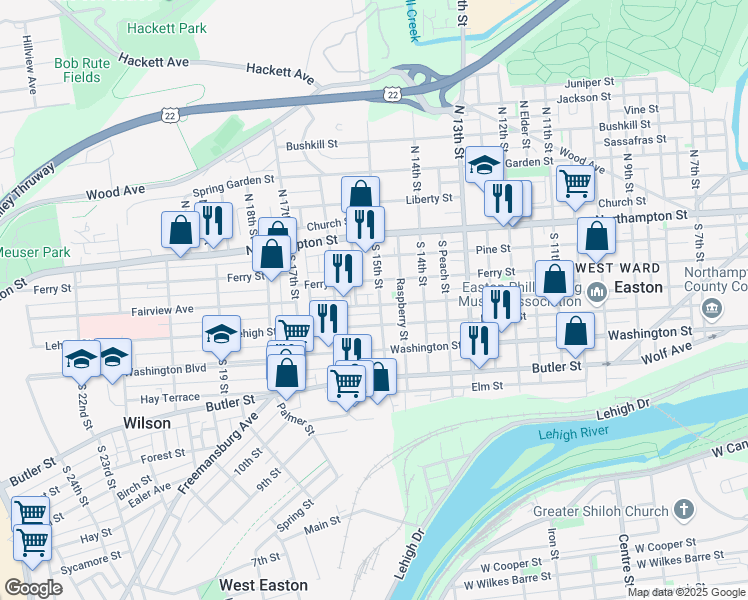 map of restaurants, bars, coffee shops, grocery stores, and more near 1521 Lehigh Street in Easton