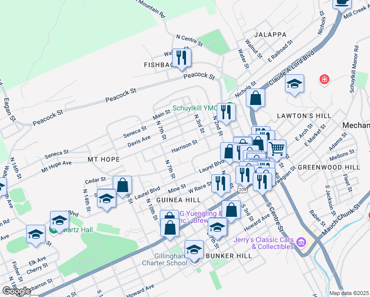 map of restaurants, bars, coffee shops, grocery stores, and more near 519 Harrison Street in Pottsville