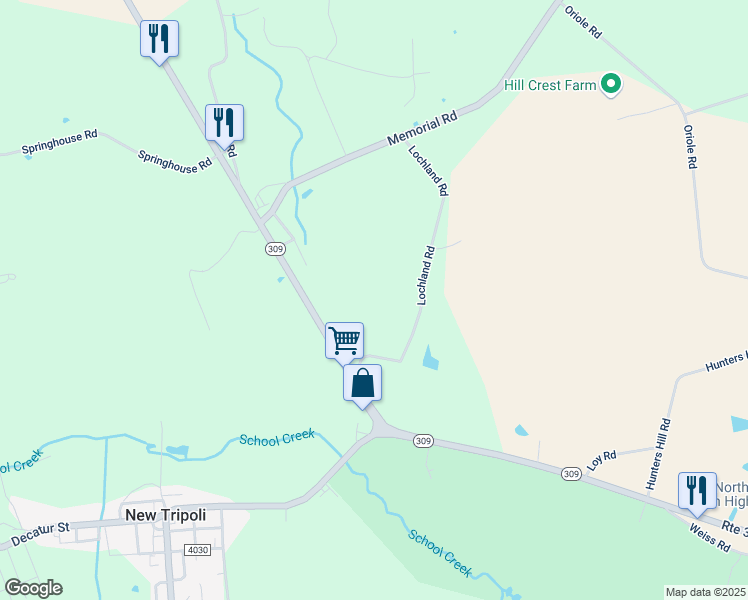 map of restaurants, bars, coffee shops, grocery stores, and more near 6962 Lochland Road in New Tripoli