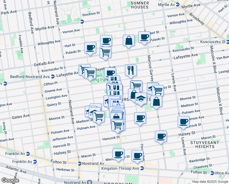 map of restaurants, bars, coffee shops, grocery stores, and more near 416 Quincy Street in Brooklyn