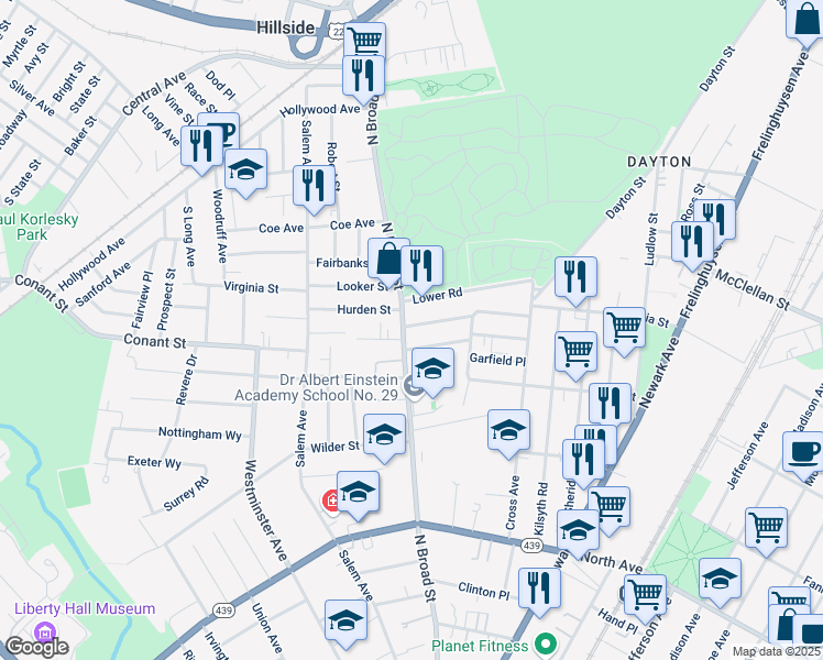 map of restaurants, bars, coffee shops, grocery stores, and more near 1464 Lexington Place in Elizabeth