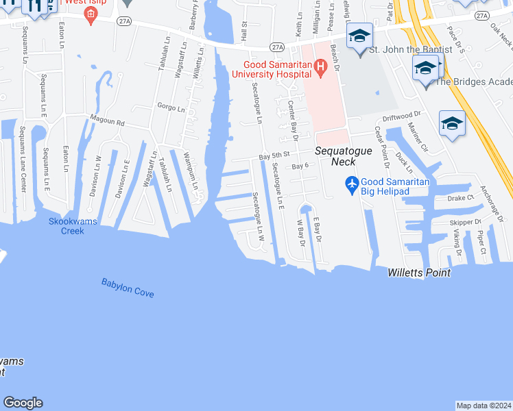 map of restaurants, bars, coffee shops, grocery stores, and more near 187 Secatogue Lane West in West Islip