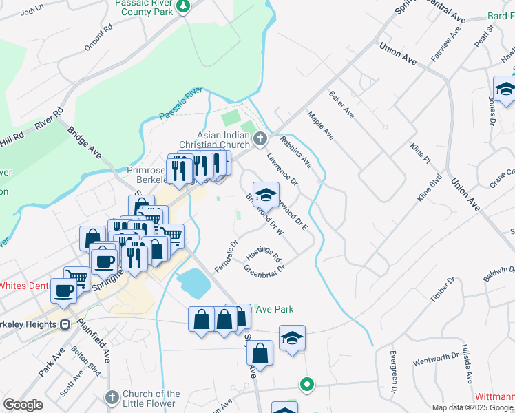 map of restaurants, bars, coffee shops, grocery stores, and more near Briarwood Drive West in Berkeley Heights