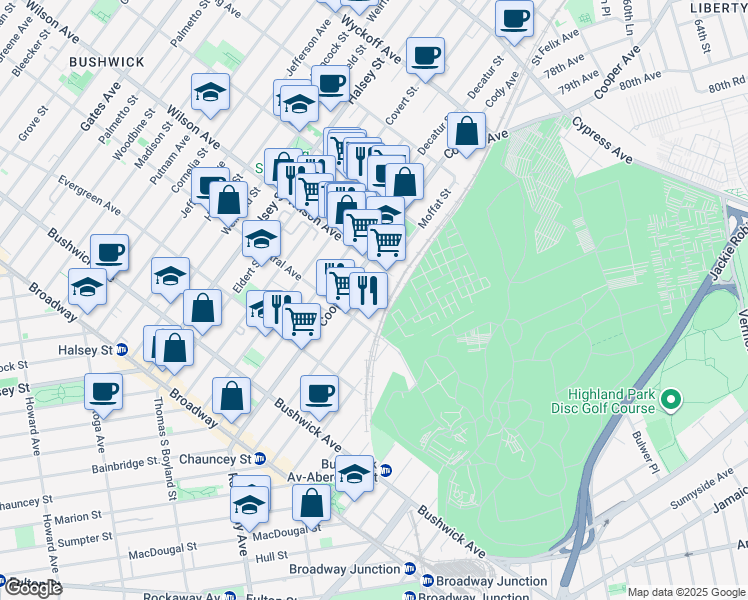 map of restaurants, bars, coffee shops, grocery stores, and more near 673 Central Avenue in Brooklyn