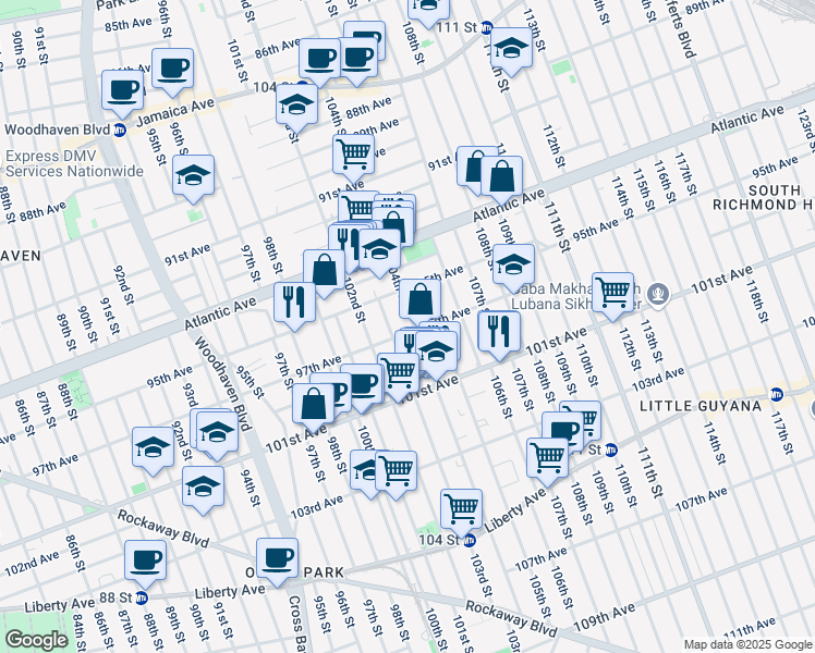 map of restaurants, bars, coffee shops, grocery stores, and more near 103-02 97th Avenue in Queens