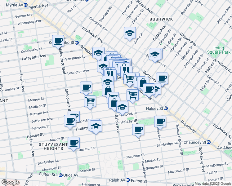map of restaurants, bars, coffee shops, grocery stores, and more near 821 Madison Street in Brooklyn