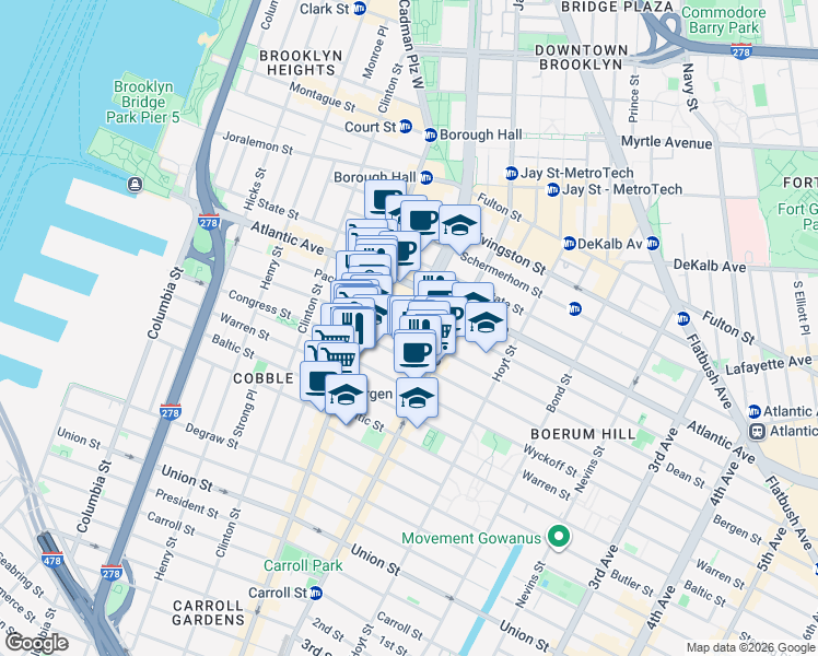 map of restaurants, bars, coffee shops, grocery stores, and more near 115 Boerum Place in Brooklyn