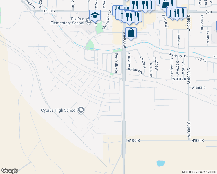 map of restaurants, bars, coffee shops, grocery stores, and more near 3850 Iron Baron Drive in Magna