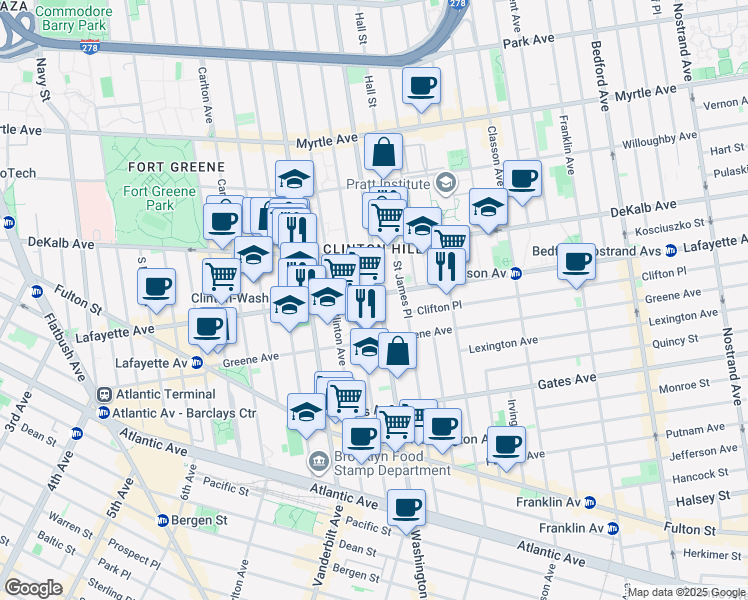 map of restaurants, bars, coffee shops, grocery stores, and more near 256 Lafayette Avenue in Brooklyn