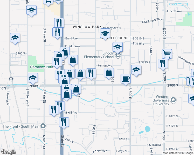 map of restaurants, bars, coffee shops, grocery stores, and more near 3821 South 300 East in South Salt Lake