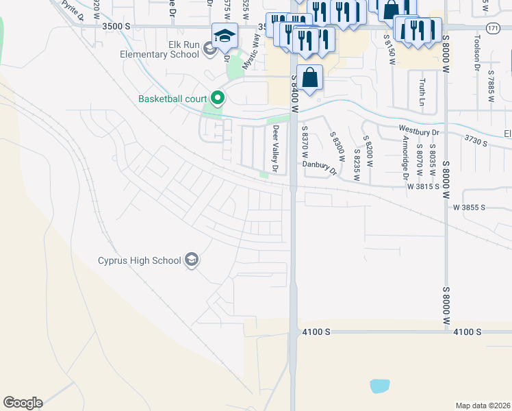 map of restaurants, bars, coffee shops, grocery stores, and more near 3850 Iron Baron Drive in Magna
