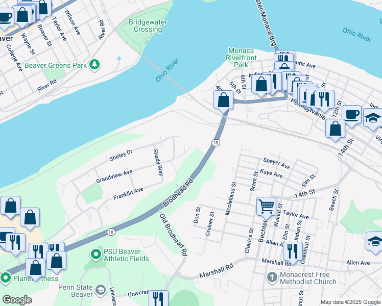 map of restaurants, bars, coffee shops, grocery stores, and more near 230 Grandview Ave in Monaca