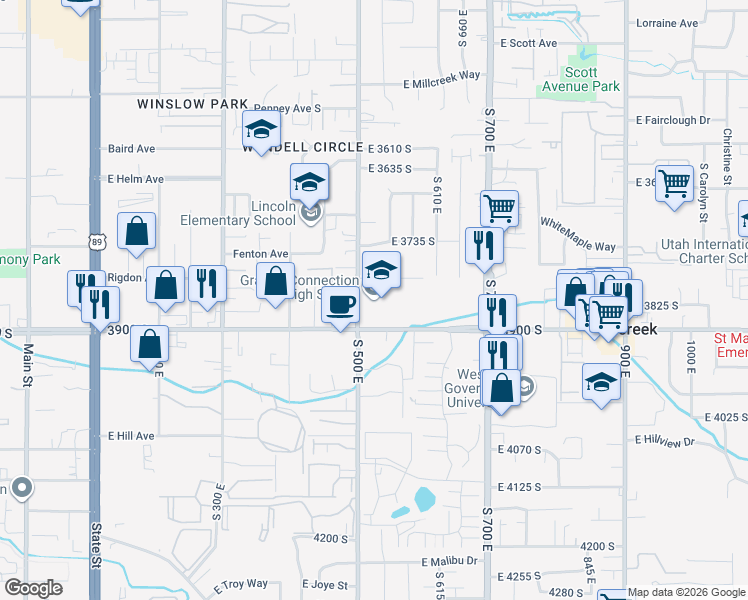 map of restaurants, bars, coffee shops, grocery stores, and more near 501 East 3900 South in Salt Lake City