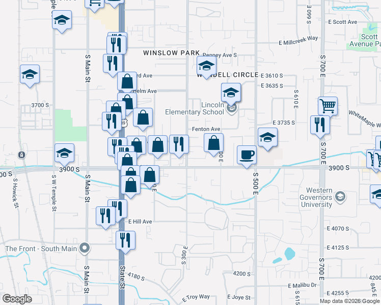 map of restaurants, bars, coffee shops, grocery stores, and more near 3821 South 300 East in South Salt Lake