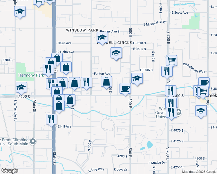 map of restaurants, bars, coffee shops, grocery stores, and more near 3860 South 400 East in South Salt Lake