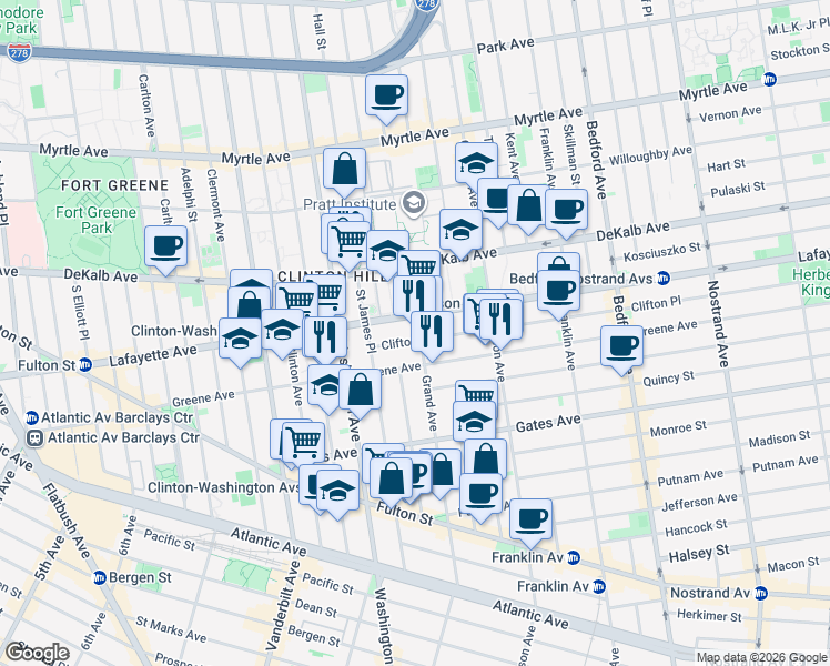 map of restaurants, bars, coffee shops, grocery stores, and more near 30 Clifton Place in Brooklyn