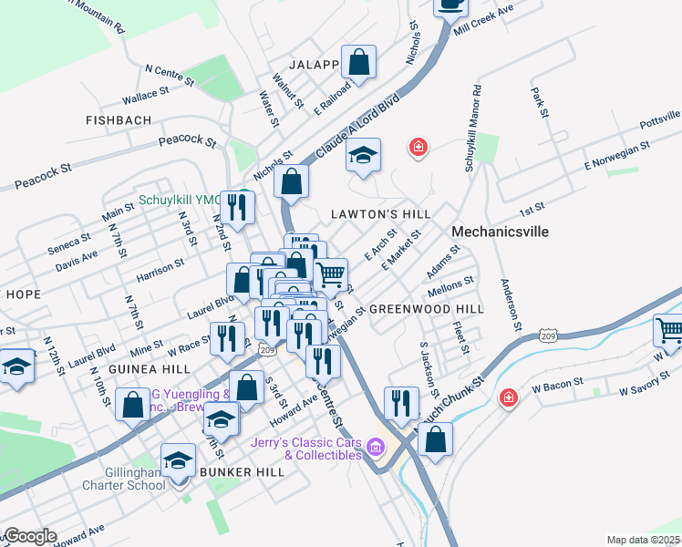map of restaurants, bars, coffee shops, grocery stores, and more near 216 North George Street in Pottsville