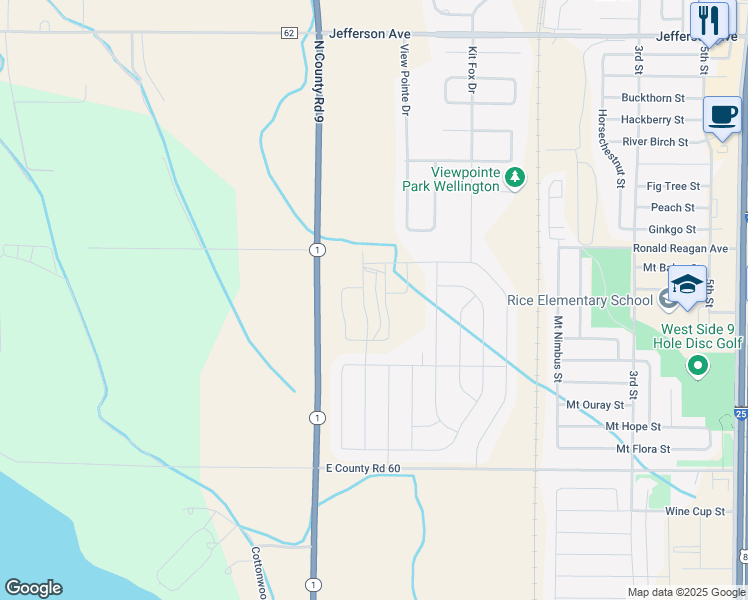 map of restaurants, bars, coffee shops, grocery stores, and more near 7128 Colorado 1 in Wellington
