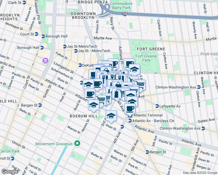 map of restaurants, bars, coffee shops, grocery stores, and more near 38 Flatbush Avenue in Brooklyn