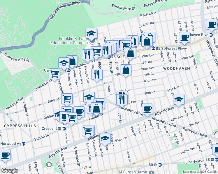 map of restaurants, bars, coffee shops, grocery stores, and more near 88-64 75th Street in Queens