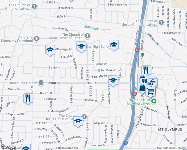 map of restaurants, bars, coffee shops, grocery stores, and more near 3143 East Del Mar Drive in Salt Lake City
