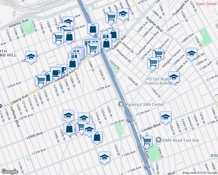 map of restaurants, bars, coffee shops, grocery stores, and more near 107-28 Van Wyck Expressway in Queens