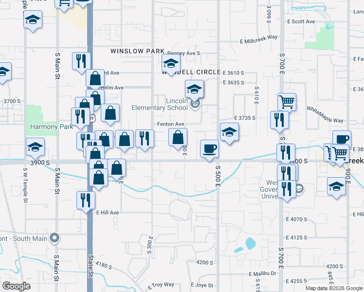 map of restaurants, bars, coffee shops, grocery stores, and more near 3860 South 400 East in South Salt Lake