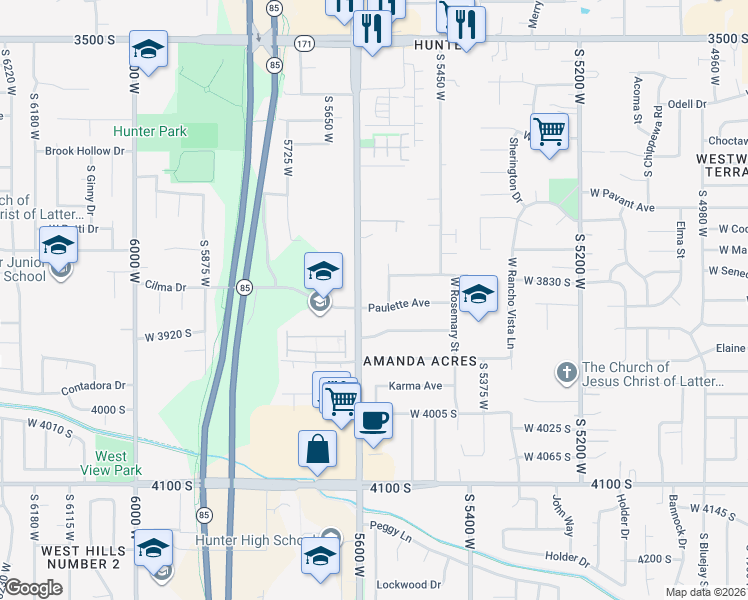map of restaurants, bars, coffee shops, grocery stores, and more near 5583 Paulette Avenue in West Valley City