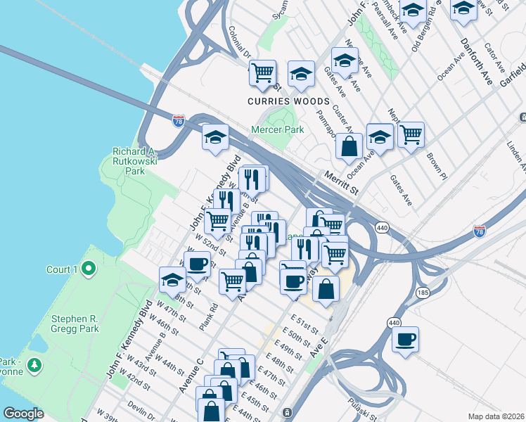 map of restaurants, bars, coffee shops, grocery stores, and more near 79 West 55th Street in Bayonne
