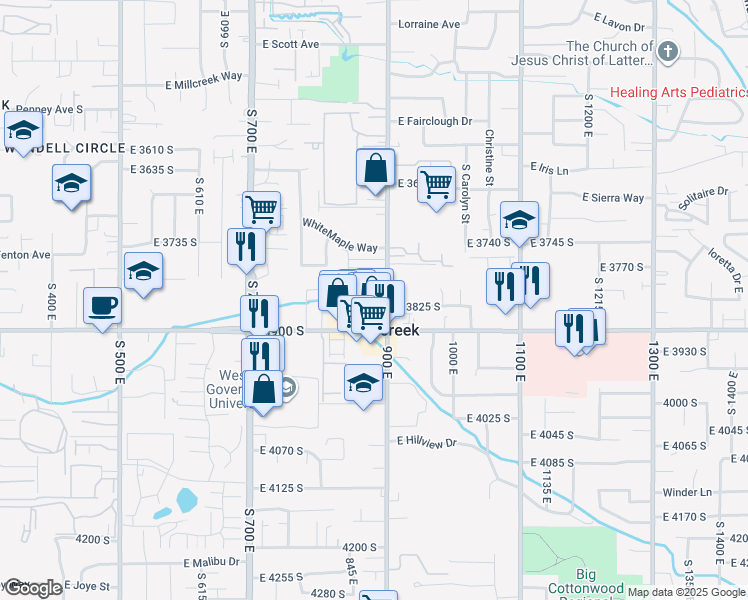 map of restaurants, bars, coffee shops, grocery stores, and more near 883 Arnecia Court in Salt Lake City