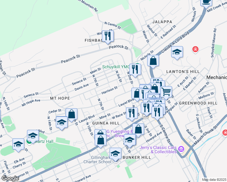 map of restaurants, bars, coffee shops, grocery stores, and more near 433 Harrison Street in Pottsville