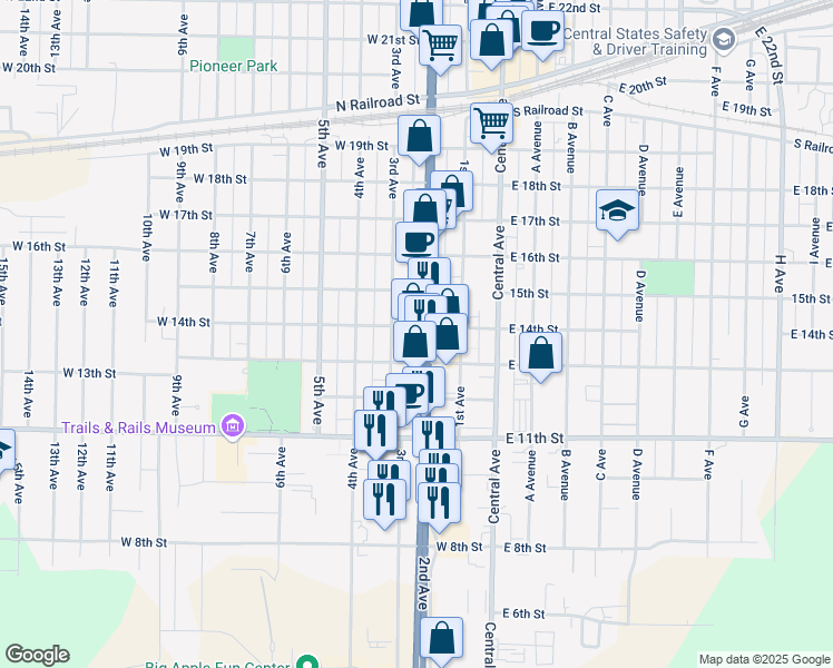 map of restaurants, bars, coffee shops, grocery stores, and more near 249-299 W 13th St in Kearney