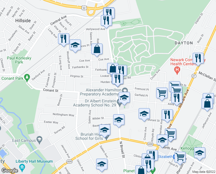 map of restaurants, bars, coffee shops, grocery stores, and more near 14 Beechwood Place in Hillside
