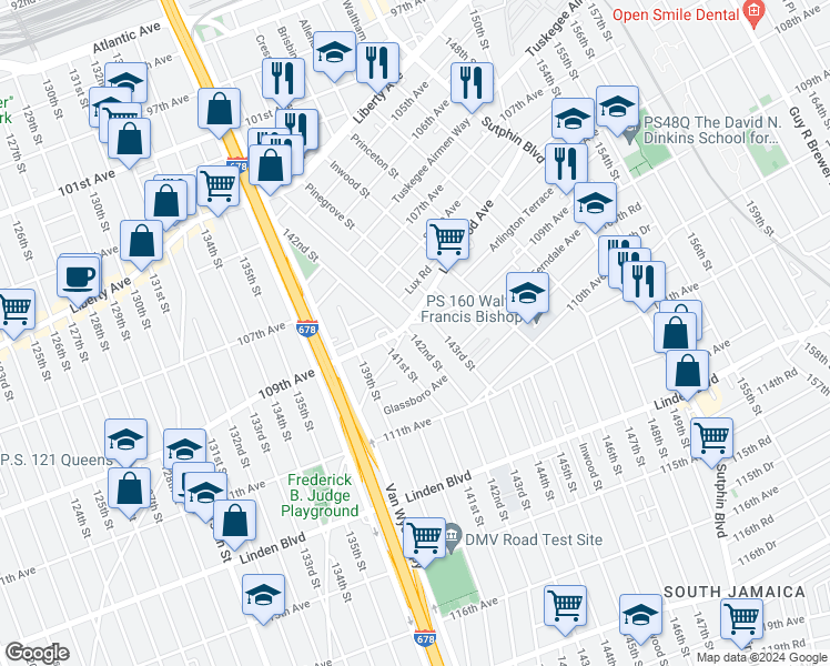 map of restaurants, bars, coffee shops, grocery stores, and more near 109-3 142nd Street in Queens