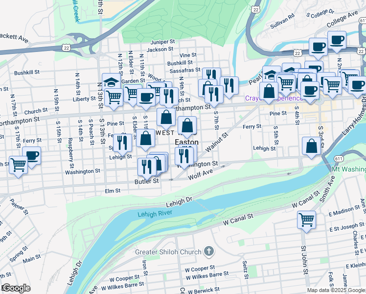 map of restaurants, bars, coffee shops, grocery stores, and more near 147 South 9th Street in Easton