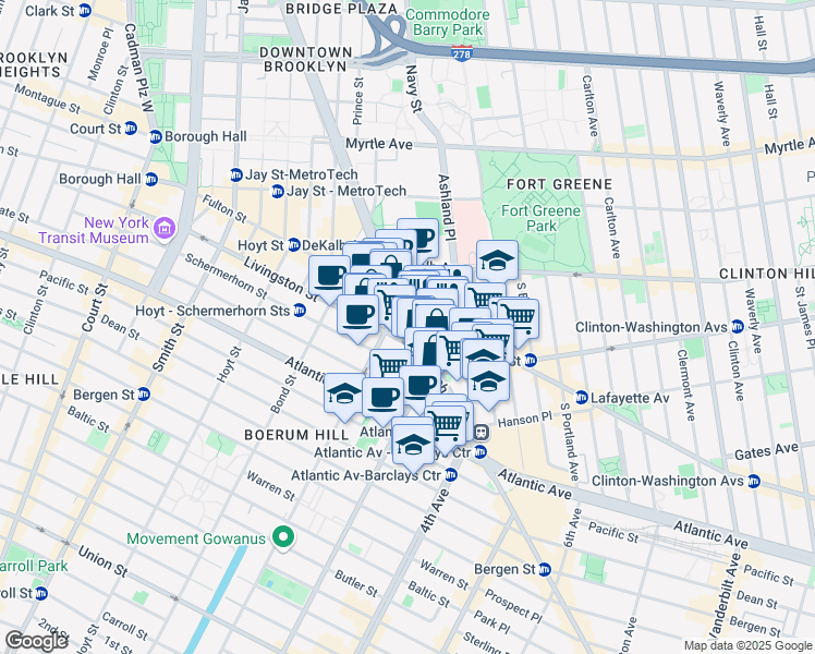 map of restaurants, bars, coffee shops, grocery stores, and more near 38 Flatbush Avenue in Brooklyn