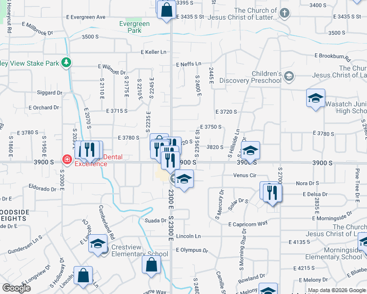 map of restaurants, bars, coffee shops, grocery stores, and more near 2344 East Arnett Drive in Salt Lake City